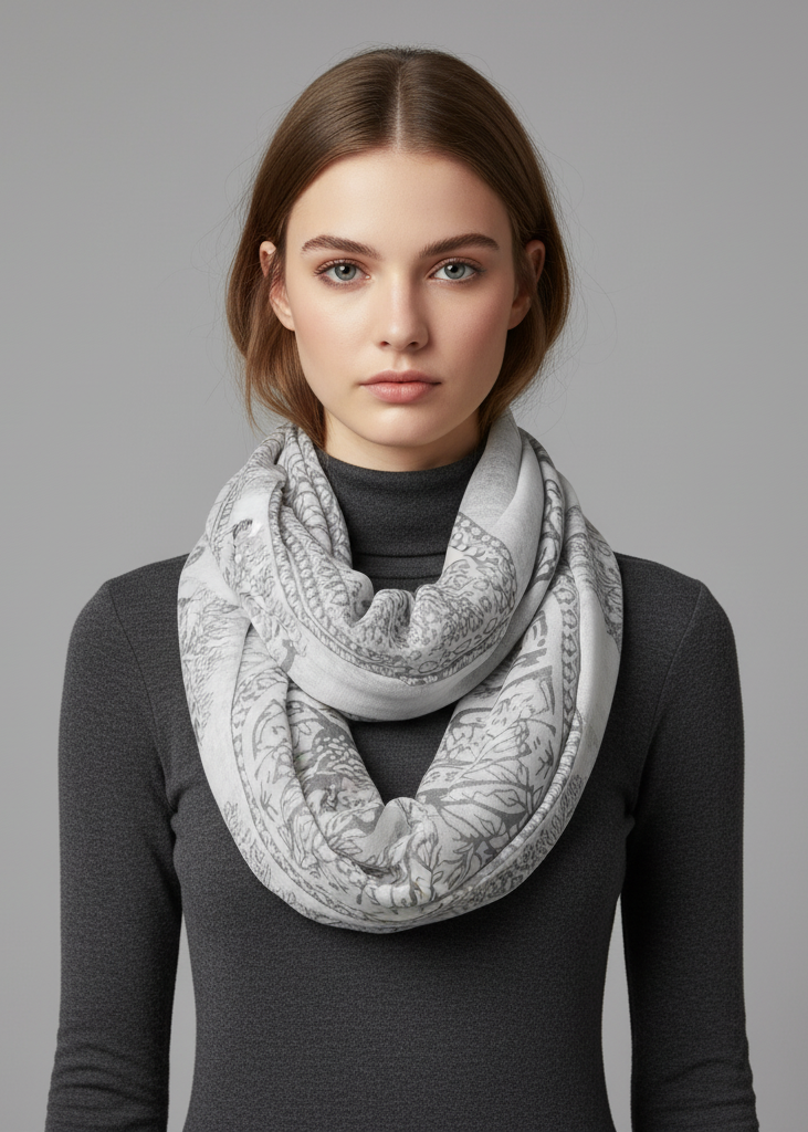 Luxury deer print infinity loop scarf with a nature-inspired animal pattern in grey