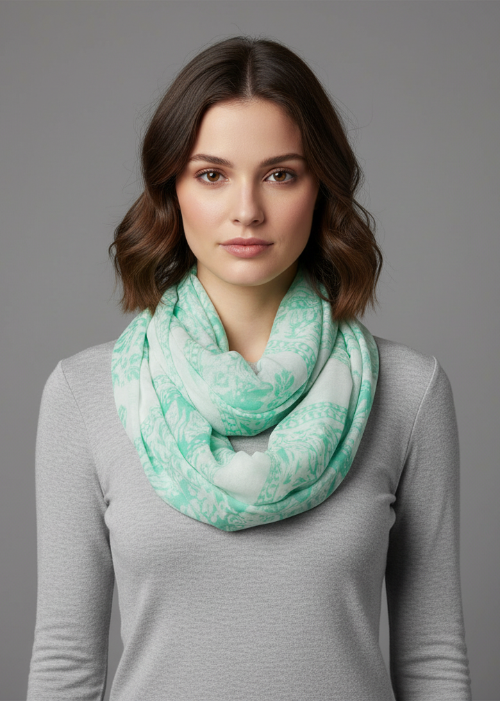 Soft mint infinity loop scarf featuring a nature-inspired deer and animal print design for women.
