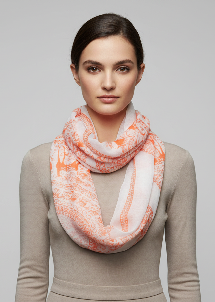 Soft infinity loop scarf featuring a nature-inspired deer and animal print design in peach.