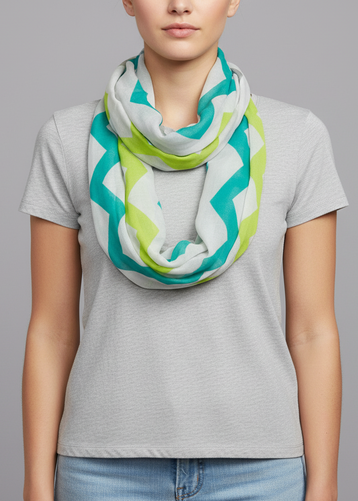 Multicolored chevron geometric infinity loop scarf in aqua and lime green, lightweight breathable polyester accessory for seasonal layering and modern style.