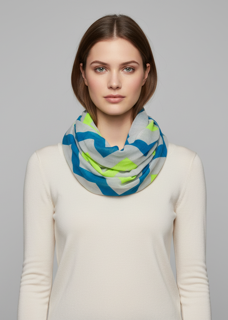 Multicolored radiant chevron geometric infinity loop scarf in blue and neon yellow.