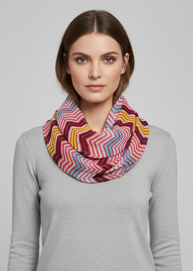 Lightweight multicolored chevron infinity loop scarf with a radiant geometric zigzag pattern.
