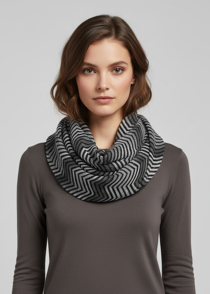 Modern radiant multicolored chevron geometric infinity loop scarf in grey and white.