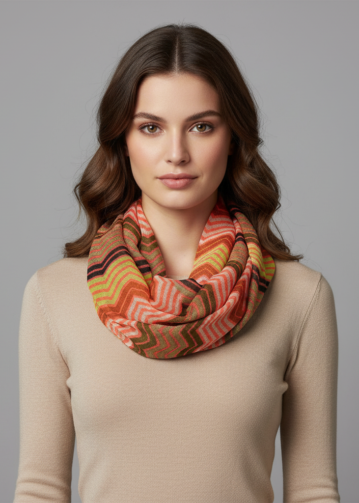 Modern radiant multicolored chevron geometric infinity loop scarf in hot pink for women.
