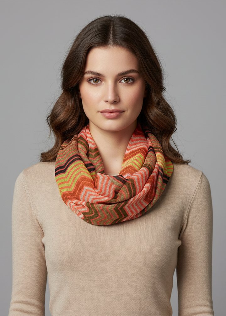 Modern radiant multicolored chevron geometric infinity loop scarf in hot pink for women.