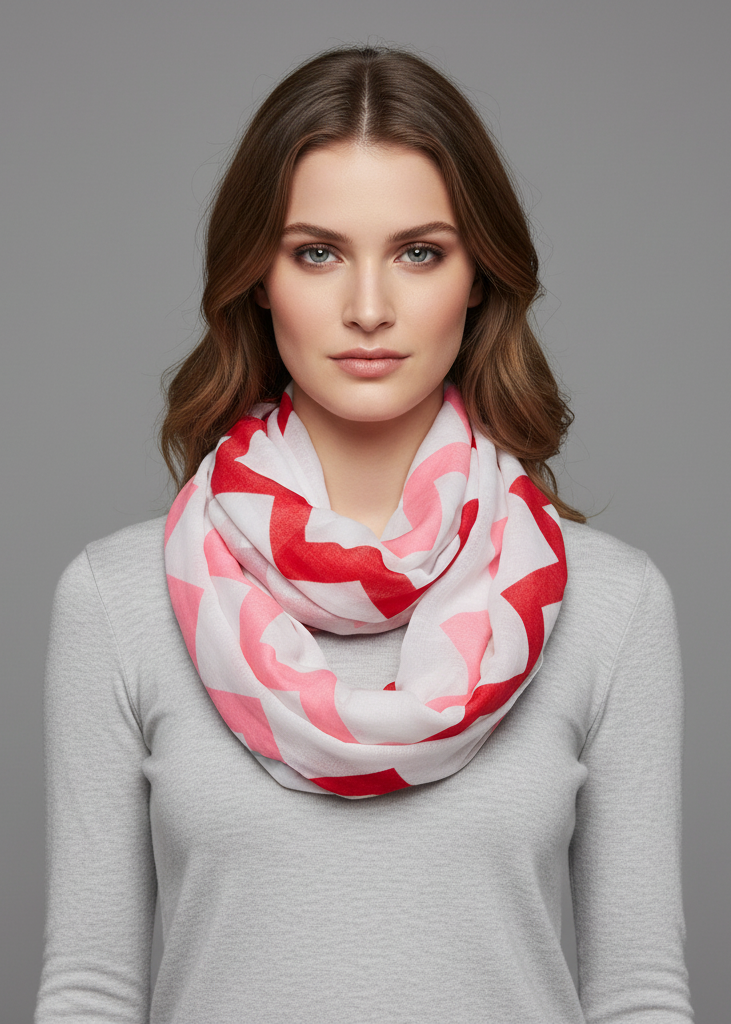 Multicolored radiant chevron geometric infinity loop scarf in soft lightweight fabric for trendy styling.