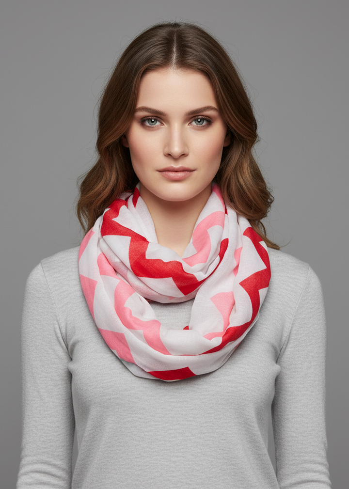 Multicolored radiant chevron geometric infinity loop scarf in soft lightweight fabric for trendy styling.