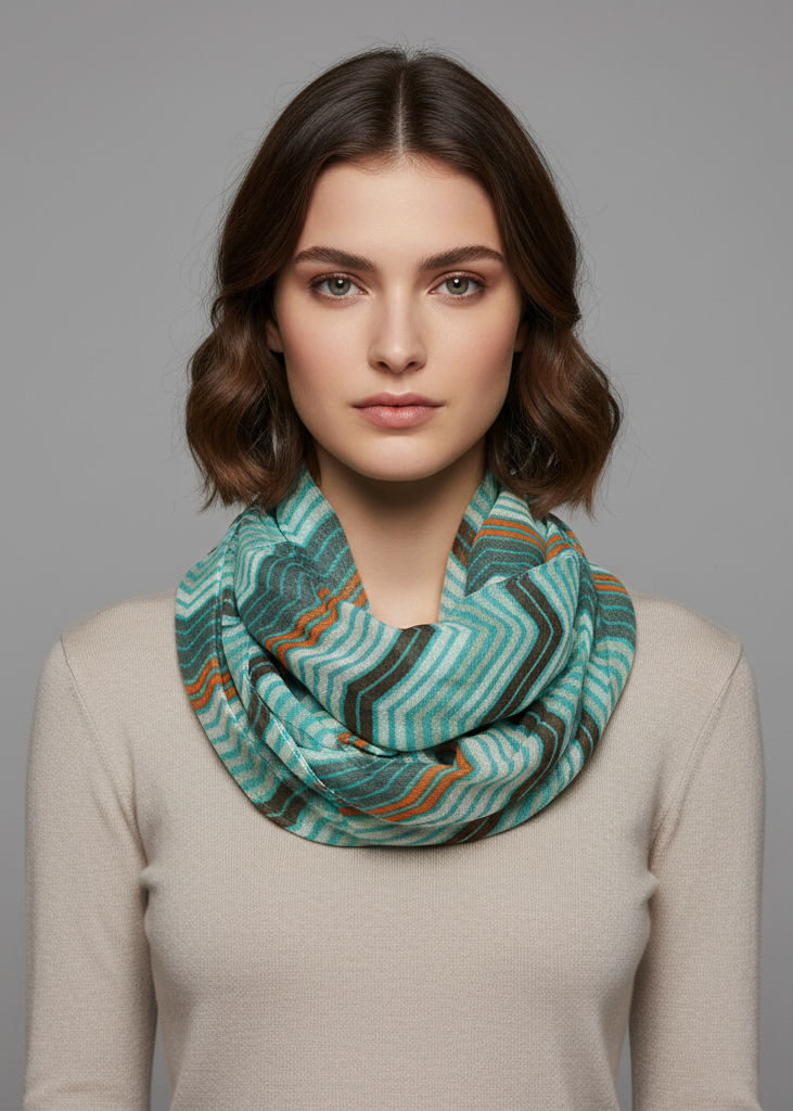 Modern multicolored radiant chevron geometric infinity loop scarf with teal and brown zig zag pattern.