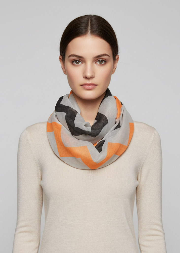 Modern radiant multicolored chevron geometric infinity loop scarf in white, orange, and black.