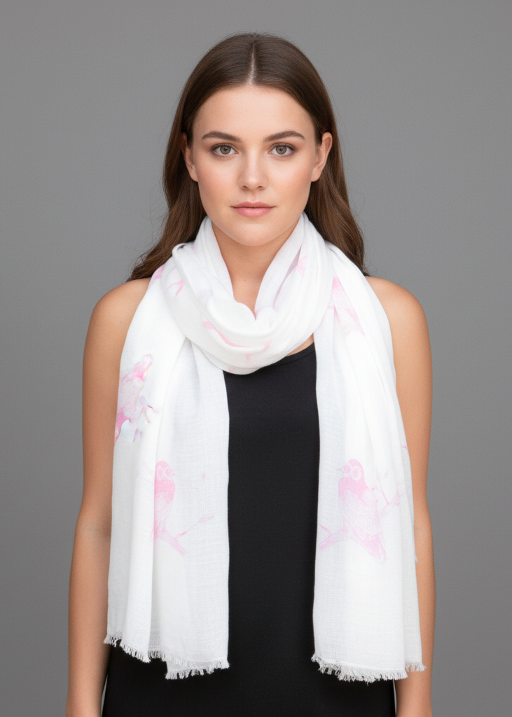 Lightweight pink and white multicolored summer fashion scarf featuring a vibrant graphic owl and tree branch print with delicate eyelash fringe.