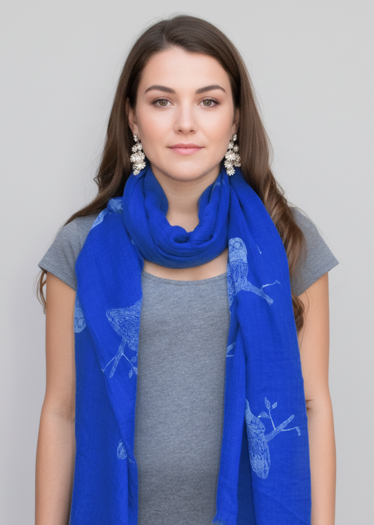 Modern colorful graphic animal print owl scarf with eyelash fringe in white and blue multicolored pattern