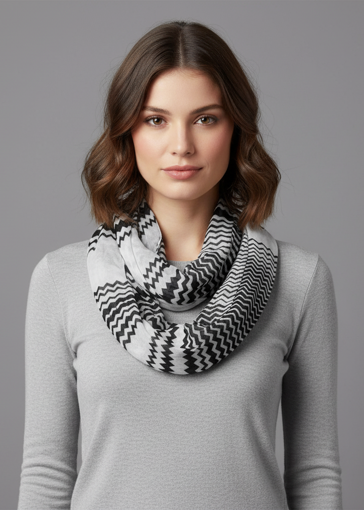 Modern swirl zig zag chevron tri color infinity loop scarf for women in black and white.