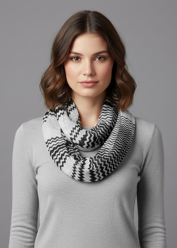 Modern swirl zig zag chevron tri color infinity loop scarf for women in black and white.