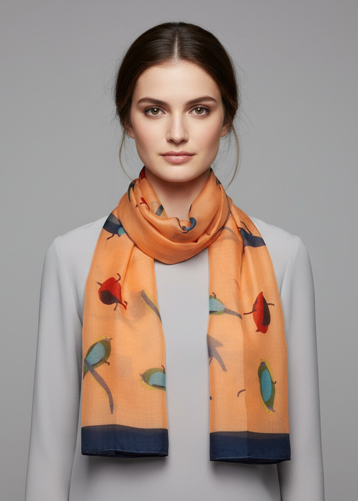 Multicolor graphic design lightweight summer and fall bird print scarf in cantaloupe orange for women