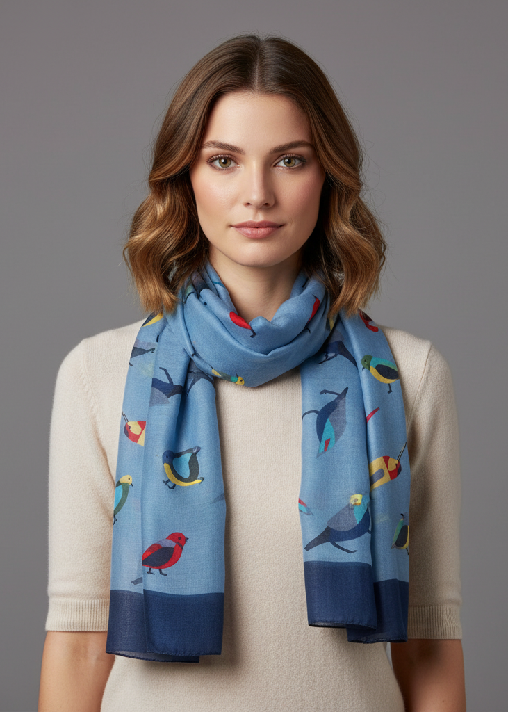 Multicolor graphic design lightweight summer fall bird print scarf in light blue