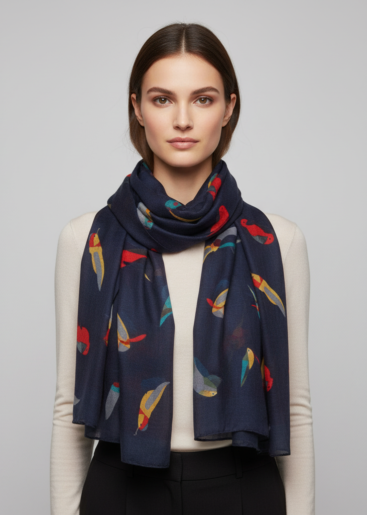 Multicolor graphic bird print lightweight scarf in navy blue for summer and fall seasons