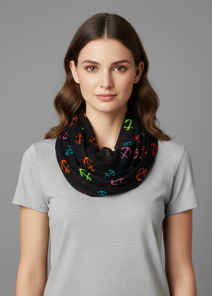 Nautical rainbow anchor print infinity loop scarf in black for women.