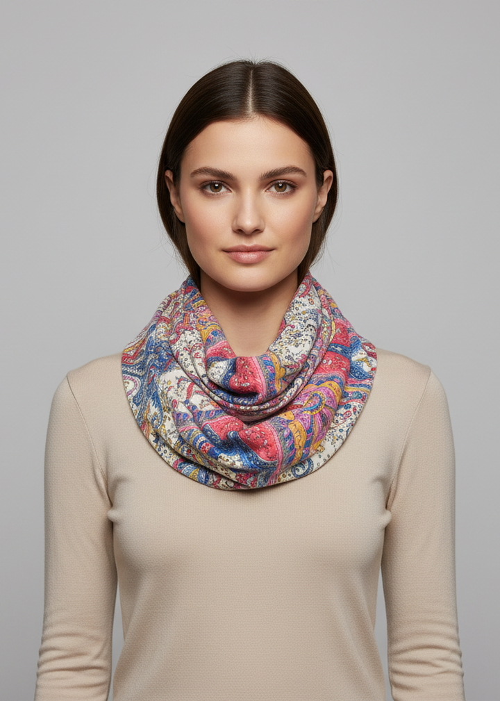 Bohemian oil painting infinity scarf with coral paisley and sketchy graphic patterns