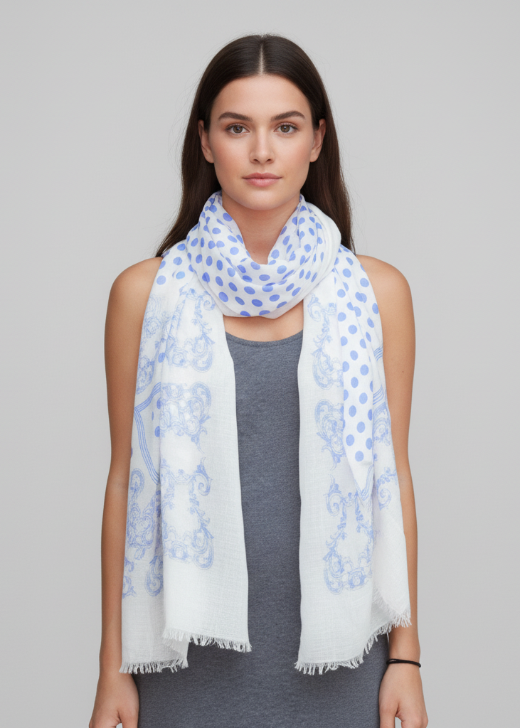 Elegant blue pashmina scarf with a white polka dot center, intricate paisley border, and soft eyelash fringe ends.
