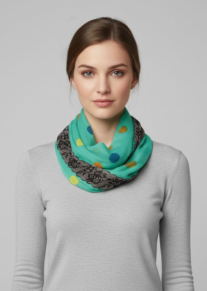 Vibrant aqua polka dot and floral graphic print infinity loop scarf for women.