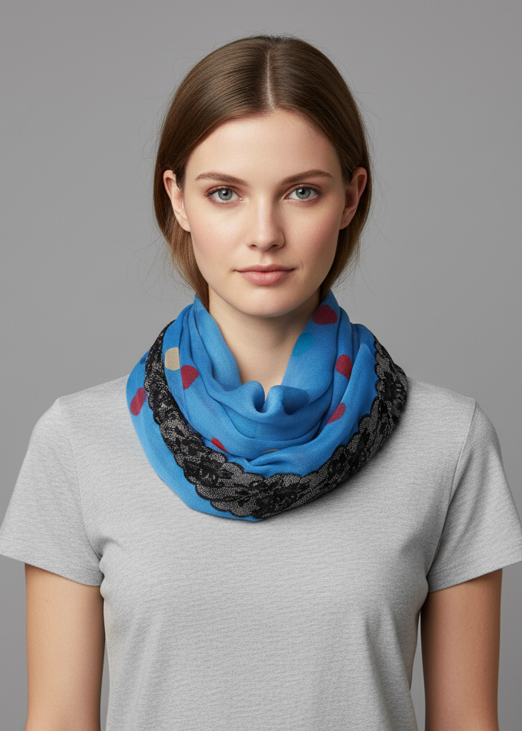 Blue polka dot and floral graphic print infinity loop scarf for women.
