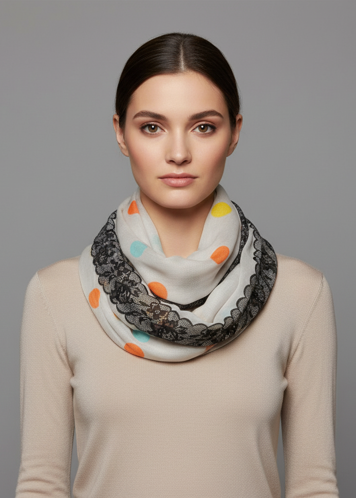 Lightweight ivory infinity loop scarf featuring a colorful polka dot and floral graphic print.
