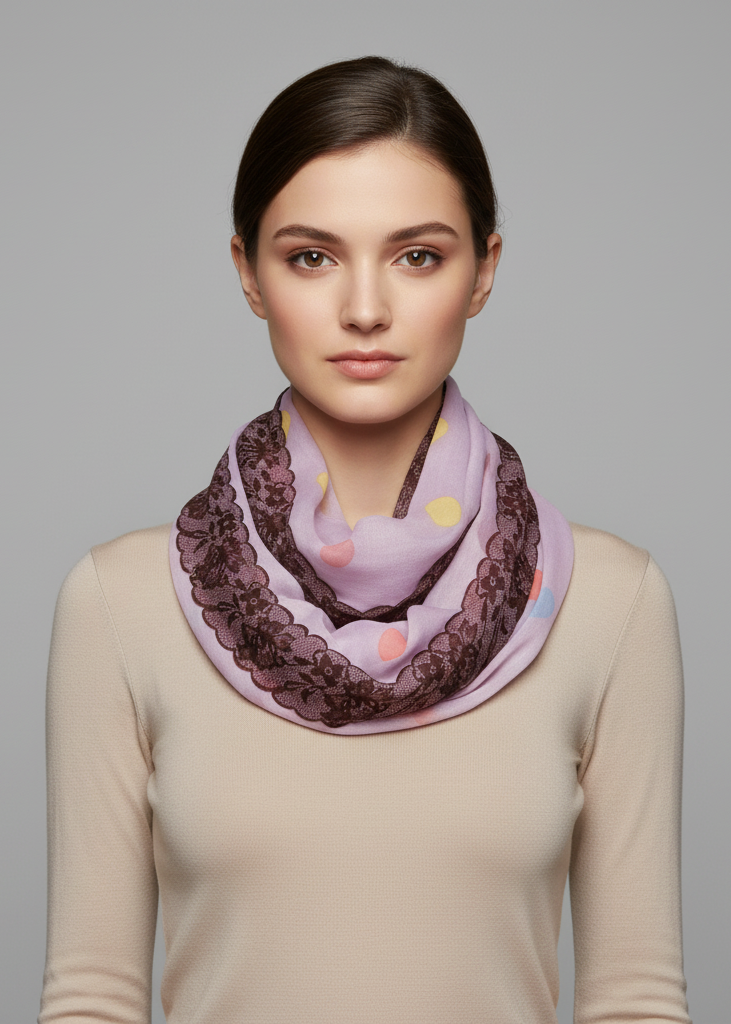 Lavender and periwinkle infinity loop scarf featuring a graphic polka dot and floral print.