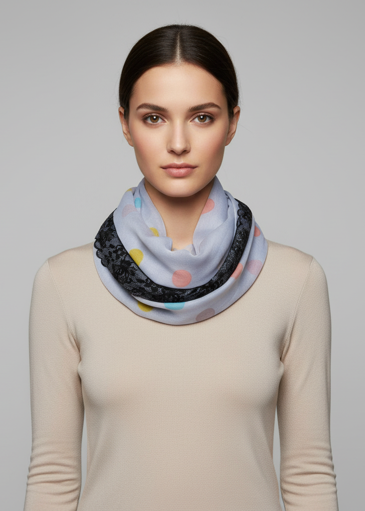 Vibrant periwinkle blue infinity loop scarf featuring a white polka dot and floral graphic print.