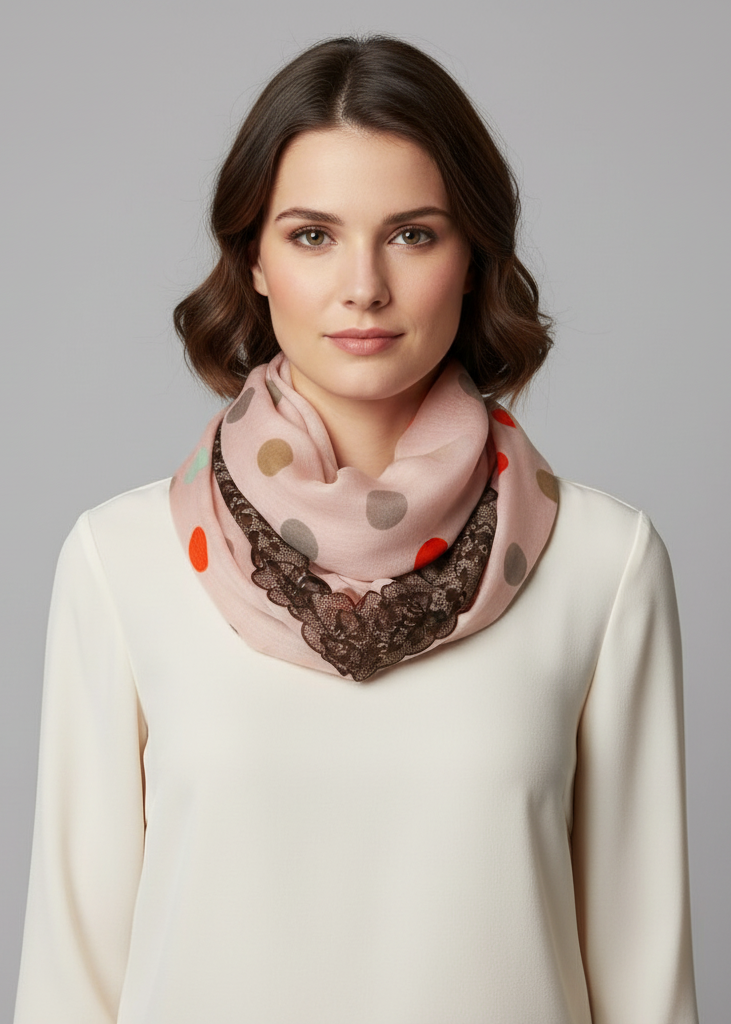 Vibrant pink infinity loop scarf featuring a white polka dot and floral graphic print.