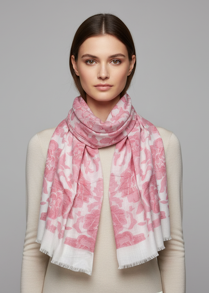 Pink pashmina wrap featuring a vibrant poppy floral print and an intricate paisley pattern with classic fringed edges.