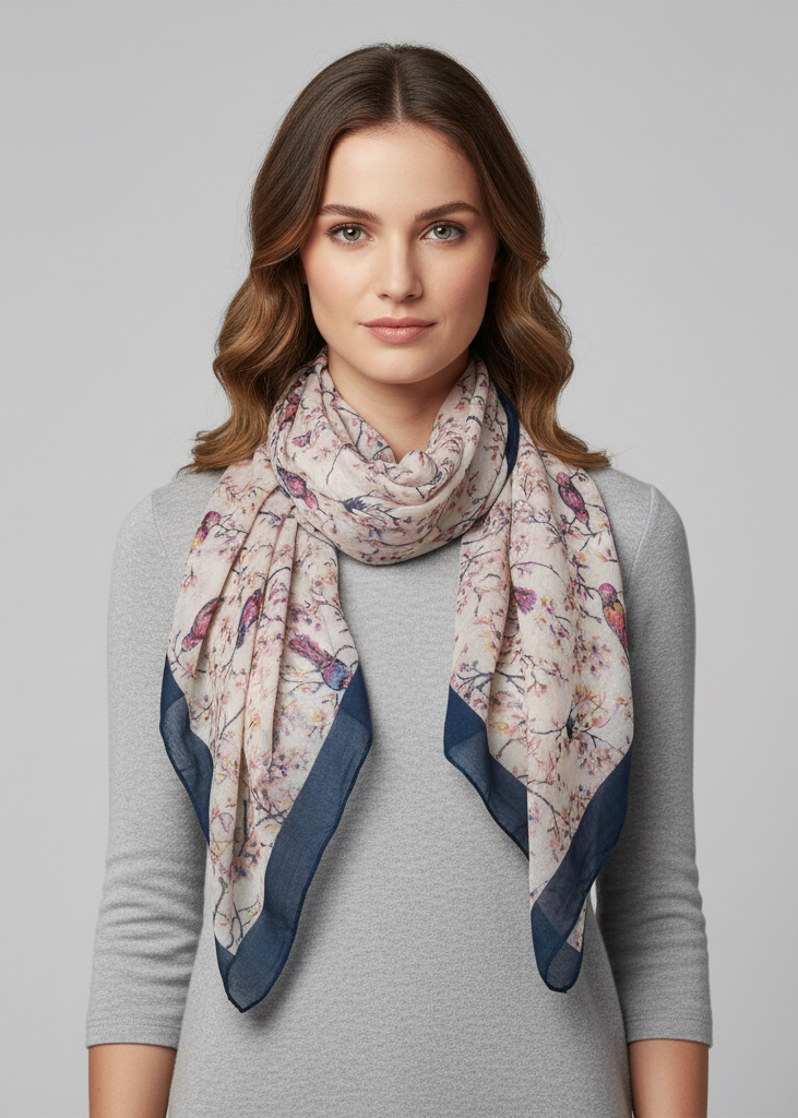Lightweight sheer cream scarf featuring a vintage floral blossom and hummingbird print for women