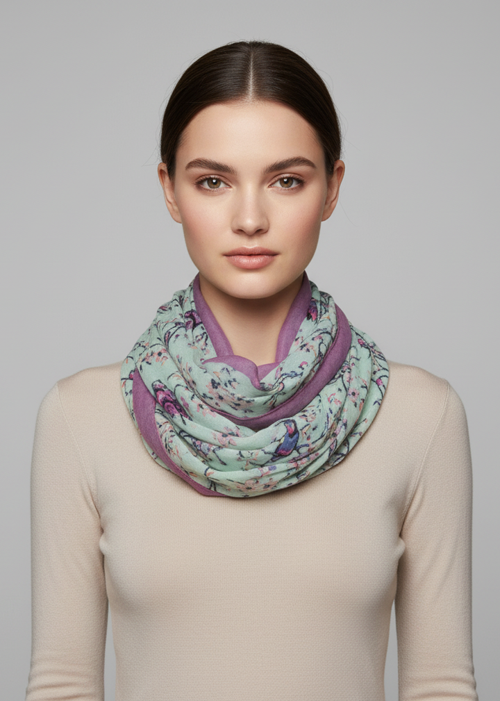 Lightweight vintage floral scarf with hummingbird pattern and sheer loop design in mint green