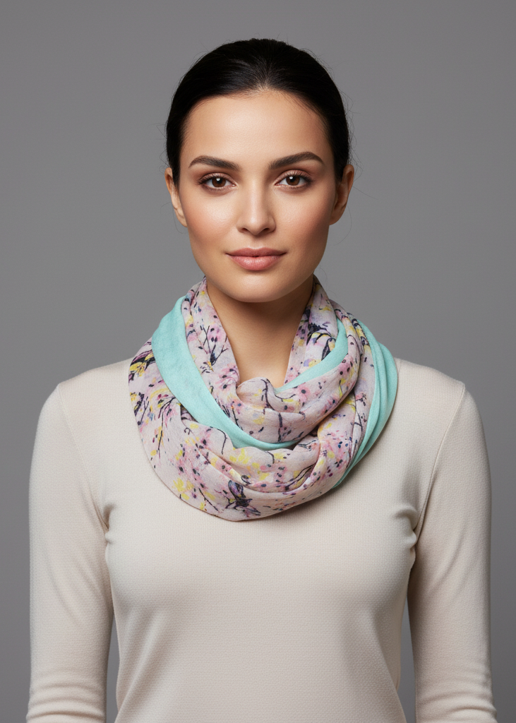Lightweight pink infinity loop scarf featuring a vintage floral blossom and hummingbird print for women