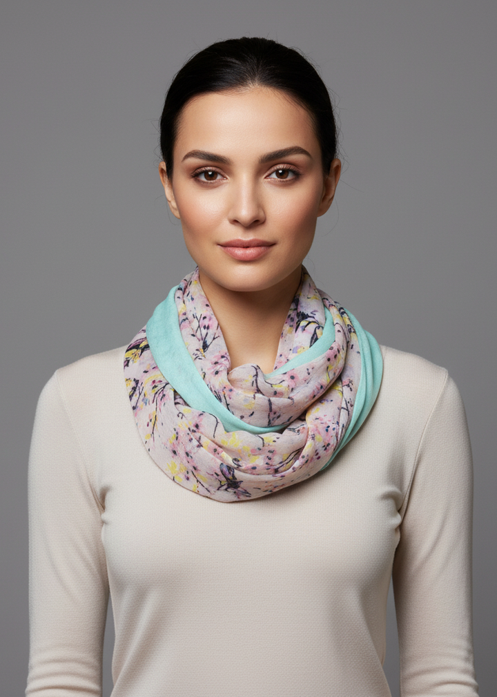 Lightweight pink infinity loop scarf featuring a vintage floral blossom and hummingbird print for women