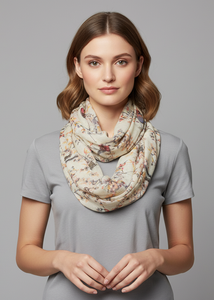 Lightweight taupe infinity loop scarf featuring a vintage floral blossom and hummingbird print on sheer fabric