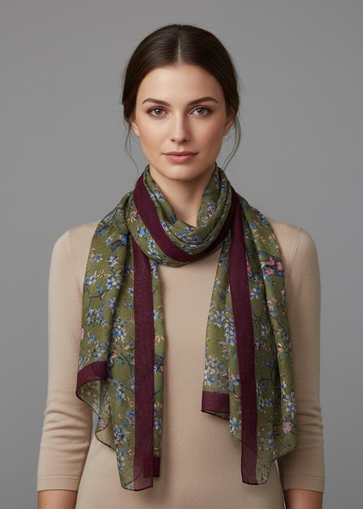 Lightweight sheer olive green scarf featuring a vintage floral blossom and hummingbird print for women
