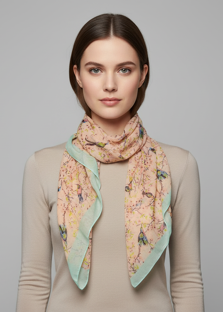 Lightweight orange sheer scarf featuring vintage floral and bird prints for women