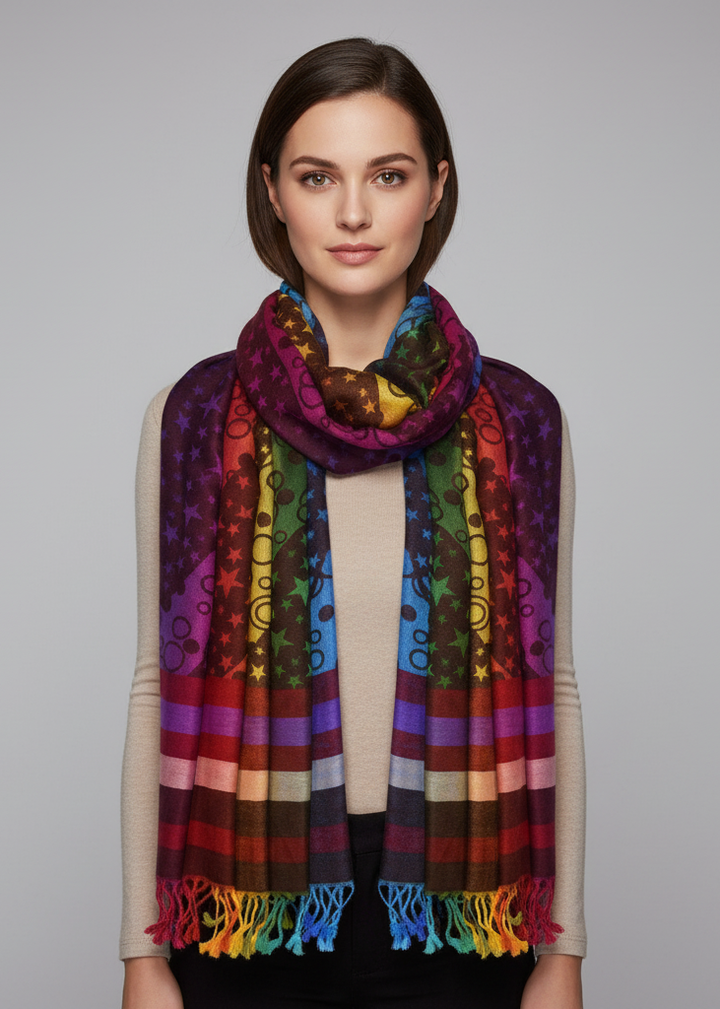 Colorful silky tropical pashmina wrap shawl with a vibrant rainbow gradient and fringed edges.