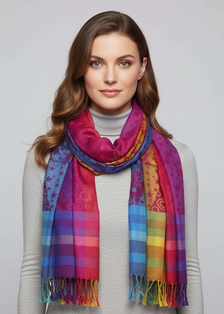 Rainbow silky tropical pashmina wrap shawl featuring a vibrant star pattern in pink and purple colors with fringed ends.