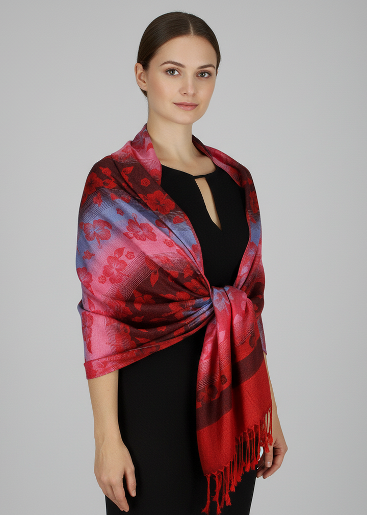 Vibrant red tropical Hawaiian pansy pashmina shawl with a rainbow gradient and silky texture.