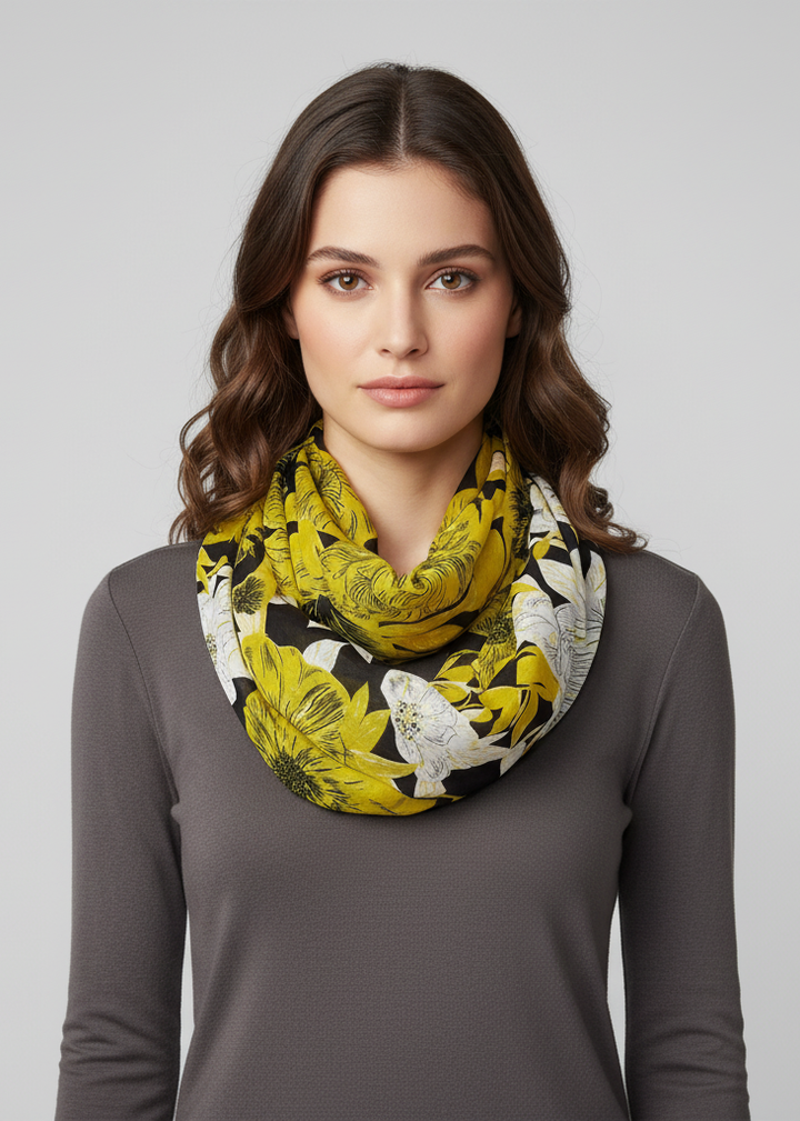 Retro colorful faded Hawaiian hibiscus flower infinity loop scarf in black and green for vintage spring and summer fashion.