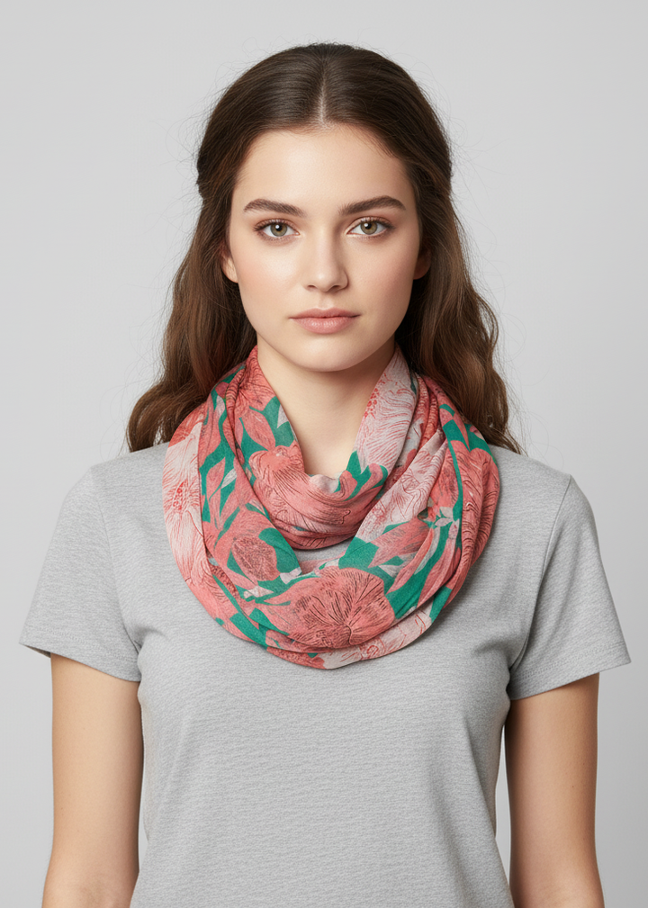 Retro colorful faded Hawaiian hibiscus flower infinity loop scarf in green and peach.