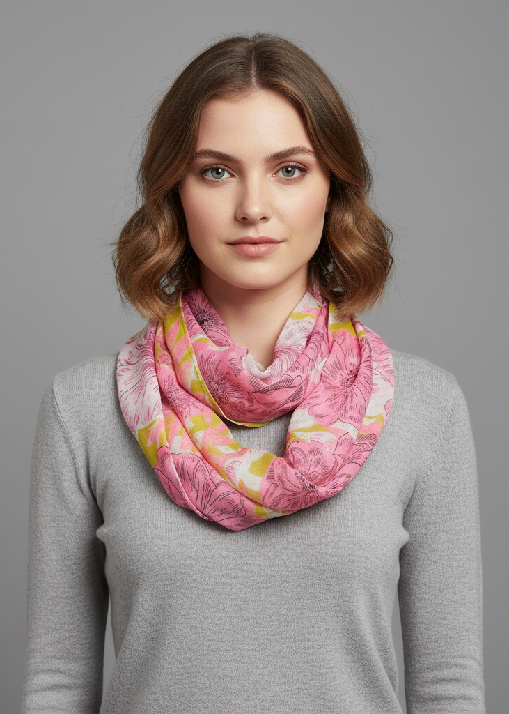 Retro colorful faded Hawaiian hibiscus flower infinity loop scarf in pink and green.