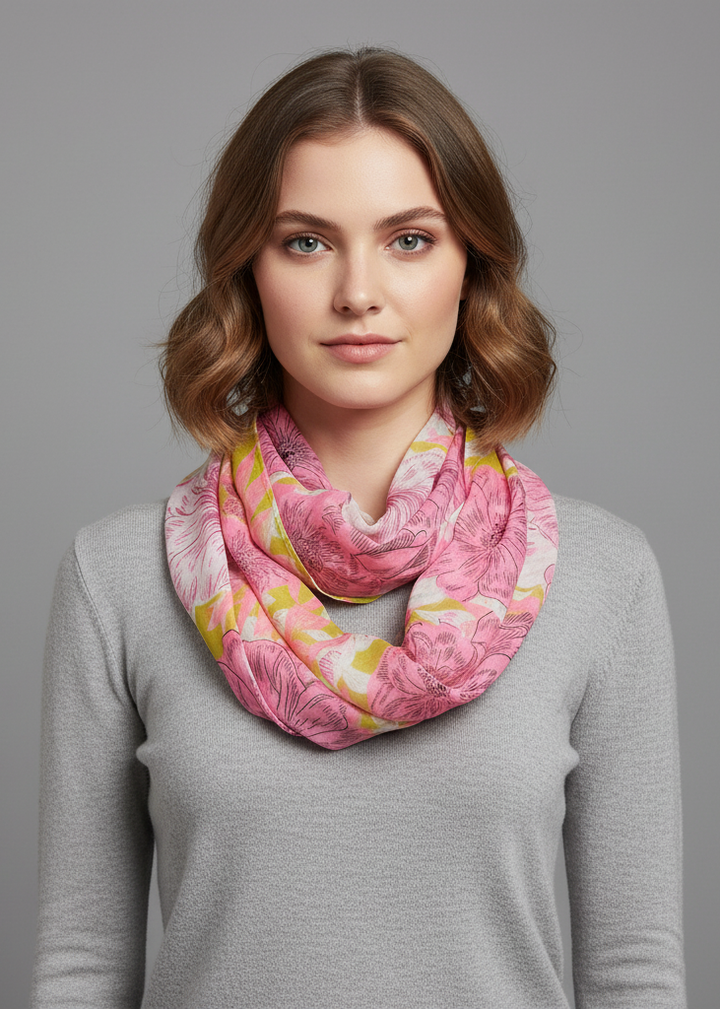 Retro colorful faded Hawaiian hibiscus flower infinity loop scarf in pink and green.