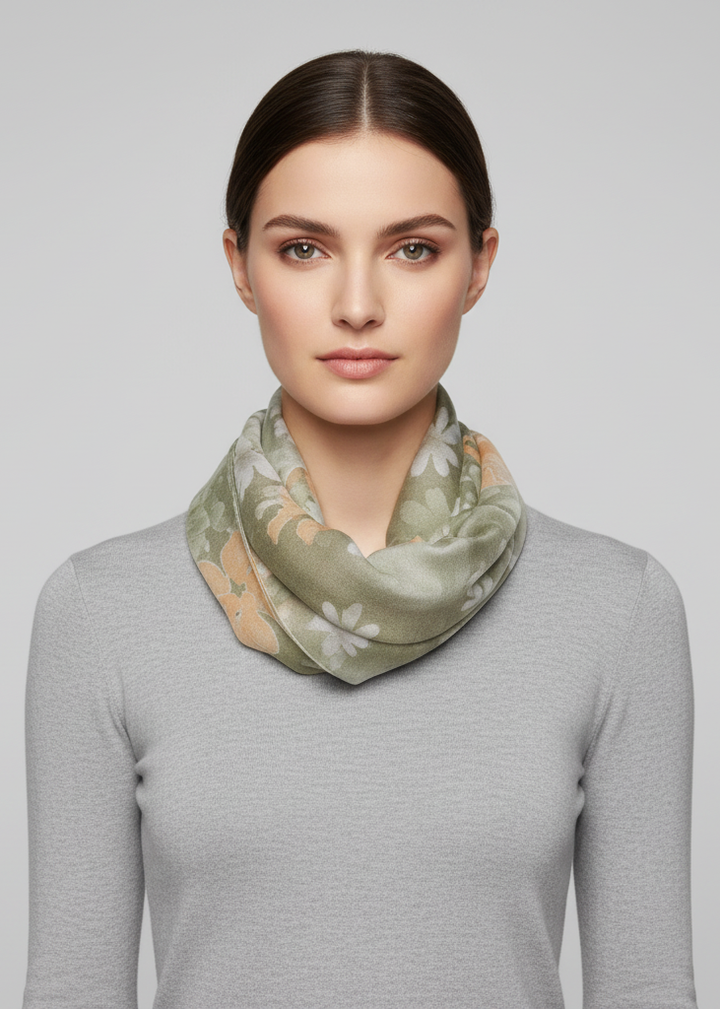 Retro colorful faded Hawaiian hibiscus flower infinity loop scarf in faded green.