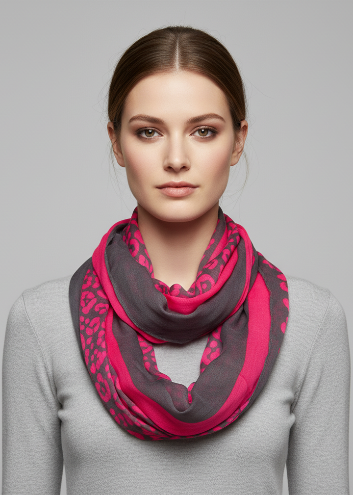 Vibrant neon fuchsia animal print infinity loop scarf with a retro design for women