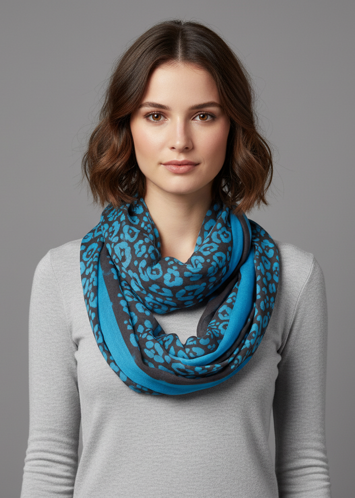 Retro neon animal print infinity loop scarf in turquoise for women