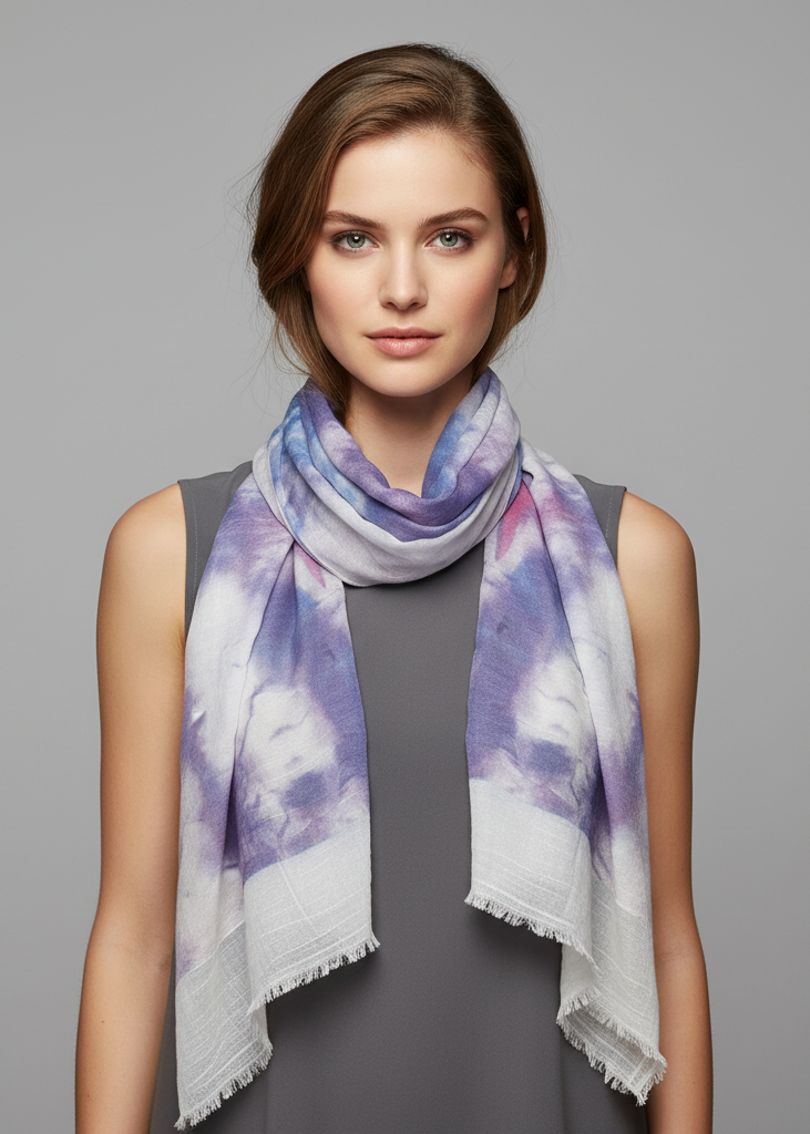 Retro ruffled multicolor tie-dye printed fringe shawl wrap scarf in purple and blue hues