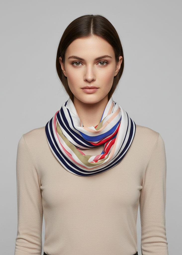 Vintage style multi color light infinity loop scarf with sassy stripes in coral and blue.