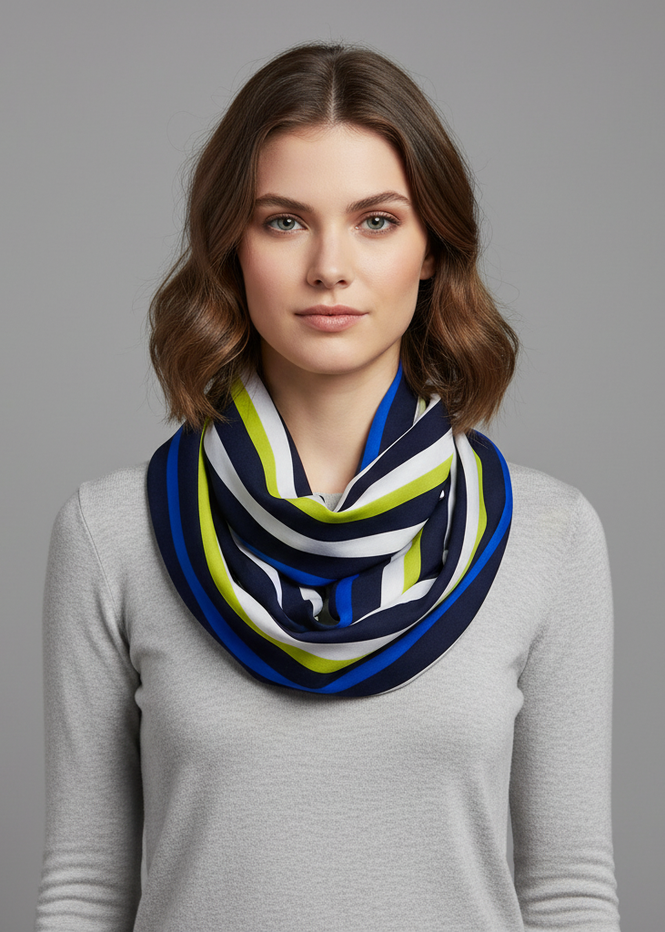 Vintage style sassy stripes multi color light infinity loop scarf in lime and navy.